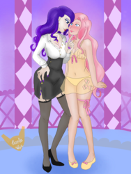 Size: 1147x1529 | Tagged: safe, artist:piccolavolpe, fluttershy, rarity, human, g4, belly button, blushing, bra, clothes, female, garter belt, hand on hip, high heels, humanized, lesbian, lingerie, lipstick, panties, ribbon, see-through, ship:flarity, shipping, shoes, skirt, socks, thigh highs, underwear, yellow underwear