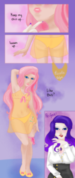 Size: 1037x2453 | Tagged: safe, artist:piccolavolpe, fluttershy, rarity, human, g4, arm behind head, armpits, bra, clothes, dialogue, female, humanized, jewelry, lesbian, lipstick, nail polish, necklace, panties, pose, see-through, ship:flarity, shipping, underwear, yellow underwear