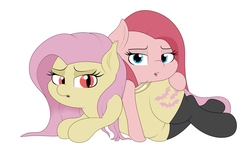 Size: 4866x2988 | Tagged: safe, artist:blitzyflair, fluttershy, pinkie pie, bat pony, pony, g4, bat ponified, clothes, female, flutterbat, lesbian, looking at you, pinkamena diane pie, race swap, ship:flutterpie, shipping, simple background, socks