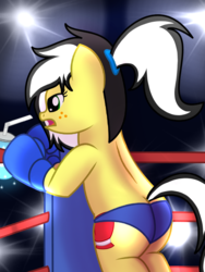 Size: 1200x1600 | Tagged: safe, artist:toyminator900, oc, oc only, oc:uppercute, earth pony, pony, bipedal, bipedal leaning, boxing, boxing gloves, butt, clothes, drink, foxy boxing, freckles, leaning, magic, offscreen character, open mouth, plot, scrunchie, show accurate, solo, sports, sports panties, telekinesis