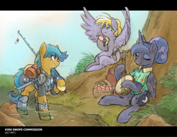 Size: 1280x989 | Tagged: safe, artist:alts-art, princess luna, oc, oc:rain drop, oc:starry steps, alicorn, earth pony, pegasus, pony, between dark and dawn, g4, apple, armor, commission, fishing rod, food, river, tree