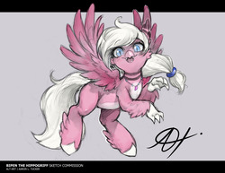 Size: 1280x989 | Tagged: safe, artist:alts-art, oc, oc only, oc:bipen, hippogriff, fangs, female, gray background, hippogriff oc, hippogriffied, signature, simple background, solo, species swap