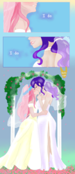 Size: 1142x2632 | Tagged: safe, artist:piccolavolpe, fluttershy, rarity, human, g4, beautisexy, bride, clothes, dialogue, dress, female, floral head wreath, flower, humanized, jewelry, kissing, lesbian, marriage, necklace, pearl necklace, sexy, ship:flarity, shipping, wedding, wedding arch, wedding dress, wedding gown