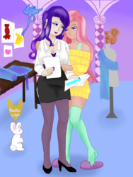 Size: 750x1000 | Tagged: safe, artist:piccolavolpe, angel bunny, fluttershy, rarity, bird, human, rabbit, squirrel, g4, animal, clothes, fabric, female, high heels, humanized, jewelry, lesbian, lipstick, mannequin, nail polish, necklace, pearl necklace, ship:flarity, shipping, shoes, skirt, slippers, socks, thigh highs
