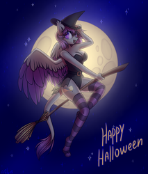 Size: 1600x1880 | Tagged: safe, artist:starlyfly, oc, oc only, oc:corpsly, sphinx, anthro, digitigrade anthro, armpits, broom, clothes, costume, cutie mark, female, flying, flying broomstick, full moon, halloween, halloween costume, hat, holiday, leonine tail, moon, night, purple eyes, rule 63, see-through, see-through skirt, skirt, socks, solo, sphinx oc, stars, striped socks, thigh highs, two toned wings, wings, witch hat, ych result