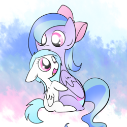 Size: 500x500 | Tagged: safe, artist:wisheslotus, oc, oc only, oc:carmen, oc:wishes, pegasus, pony, abstract background, bow, duo, female, hair bow, mare, pegasus oc, simple background, smiling, transparent background, wide eyes, wings