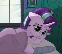 Size: 1840x1614 | Tagged: safe, artist:noosa, starlight glimmer, pony, unicorn, g4, bed, female, looking at you, mare, messy mane, morning ponies, painting, smiling, solo, starlight's room, sunrise, tired, window