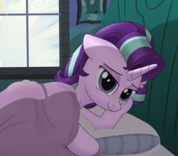 Size: 1840x1614 | Tagged: safe, alternate version, artist:noosa, starlight glimmer, pony, unicorn, g4, bed, female, looking at you, mare, messy mane, morning ponies, painting, smiling, solo, starlight's room, sunrise, tired, window