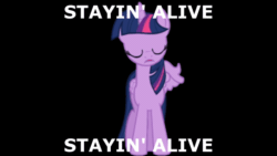 Size: 544x306 | Tagged: safe, edit, editor:didgereethebrony, twilight sparkle, alicorn, pony, g4, testing testing 1-2-3, animated, bee gees, black background, female, gif, loop, saturday night fever, simple background, solo, song reference, stayin alive, twilight sparkle (alicorn)