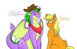 Size: 2901x1860 | Tagged: safe, artist:bella-pink-savage, applejack, spike, dragon, pony, g4, accessory swap, blushing, cute, dialogue, eyes closed, female, loose hair, male, older, older spike, ship:applespike, shipping, simple background, smiling, speech bubble, straight, thought bubble, white background, winged spike, wings