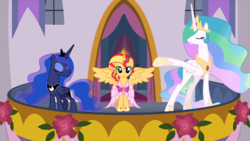 Size: 700x394 | Tagged: safe, artist:xebck, edit, edited screencap, screencap, princess celestia, princess luna, sunset shimmer, alicorn, pony, equestria girls, g4, magical mystery cure, the last problem, alicornified, alternate universe, big crown thingy, clothes, coronation dress, crown, cute, dress, element of magic, front, jewelry, looking at you, race swap, regalia, shimmerbetes, shimmercorn, smiling, tiara