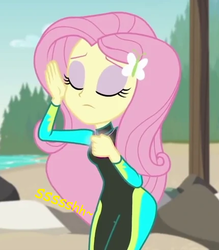 Size: 430x491 | Tagged: safe, artist:thedarkpony, edit, edited screencap, screencap, fluttershy, equestria girls, g4, my little pony equestria girls: better together, unsolved selfie mysteries, clothes, cropped, female, fetish, fluttershy's wetsuit, geode of fauna, implied pissing, implied urine, implied wetting, magical geodes, onomatopoeia, pee edit, peeing in wetsuit, solo, story included, swimsuit, wetsuit