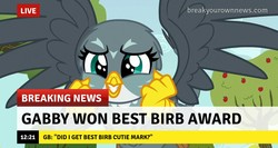 Size: 1275x678 | Tagged: safe, edit, edited screencap, screencap, gabby, griffon, g4, the fault in our cutie marks, birb, break your own news, breaking news, caption, cute, gabbybetes, happy, image macro, sad description, text