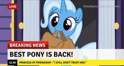 Size: 1275x682 | Tagged: safe, edit, edited screencap, screencap, trixie, pony, unicorn, g4, to where and back again, break your own news, breaking news, caption, cute, diatrixes, female, implied twilight sparkle, mare, mouth hold, news, saddle bag, text, to saddlebags and back again, trixie is best pony, truth