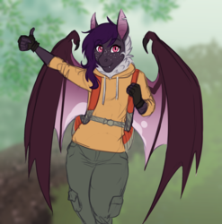 Size: 1776x1797 | Tagged: safe, artist:askbubblelee, oc, oc only, oc:midnight mural, bat pony, anthro, anthro oc, backpack, bat pony oc, clothes, digital art, fangs, female, freckles, hitchhiking, mare, slit pupils, smiling, solo, sweater