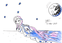 Size: 2472x1720 | Tagged: safe, artist:gafelpoez, fluttershy, pegasus, pony, g4, beach, female, full moon, mare, mare in the moon, moon, night, queen