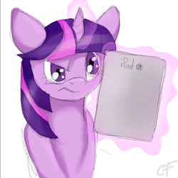 Size: 800x800 | Tagged: safe, artist:realbarenziah, twilight sparkle, ambiguous race, pony, g4, atg 2012, female, frown, glowing horn, horn, ipad, magic, mare, narrowed eyes, simple background, solo, telekinesis, white background