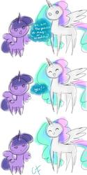 Size: 600x1200 | Tagged: safe, artist:realbarenziah, princess celestia, twilight sparkle, alicorn, pony, g4, ^^, comic, duo, eyes closed, female, magic of friendship, mare, missing accessory, missing cutie mark, simple background, sketch, smiling, speech, speech bubble, stylistic suck, twilight sparkle (alicorn), twilight sparkle is not amused, unamused, white background, yes