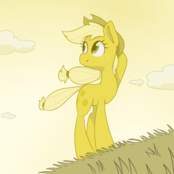 Size: 1200x1200 | Tagged: safe, artist:imaplatypus, applejack, earth pony, pony, g4, applejack's hat, cowboy hat, cute, female, freckles, grass, hat, jackabetes, looking at something, sky, smiling, solo, stetson, wind, windswept mane