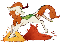 Size: 1280x931 | Tagged: safe, artist:malphym, autumn blaze, kirin, g4, autumn, eyes closed, female, leaves, misleading thumbnail, prancing, simple background, smiling, solo, transparent background