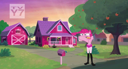 Size: 2560x1396 | Tagged: safe, edit, edited screencap, screencap, pinkie pie, equestria girls, g4, apple, applejack's house, barn, boots, bush, chimney, clothes, cursed image, door, driveway, every day we stray further from god's light, female, food, garage, human legs, mailbox, mutant, not salmon, shoes, sky, street, swimsuit, this is why aliens won't talk to us, tree, tv rating, tv-y7, wat, why, window