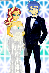 Size: 2250x3375 | Tagged: safe, artist:chuyryu, flash sentry, sunset shimmer, equestria girls, g4, breasts, cleavage, clothes, dress, female, high res, male, marriage, ship:flashimmer, shipping, straight, tuxedo, updated, wedding, wedding dress