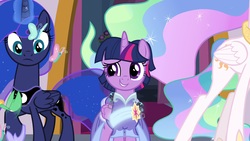 Size: 1920x1080 | Tagged: safe, screencap, princess celestia, princess luna, twilight sparkle, alicorn, bird, butterfly, hummingbird, pony, g4, the last problem, alternate hairstyle, balcony, canterlot castle, clothes, coronation dress, dress, embarrassed, ethereal mane, flowing mane, folded wings, frown, grin, hoof shoes, how embarrassing, legs, raised eyebrow, raised hoof, second coronation dress, sheepish grin, smiling, this will end in embarrassment, twilight sparkle (alicorn), wings
