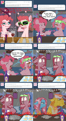 Size: 1002x1832 | Tagged: safe, artist:pippy, artist:telemiscommunications, carrot cake, cup cake, pinkie pie, earth pony, pony, pinkiepieskitchen, g4, blushing, bubble berry, bubbleberry answers, comic, drunk, oven, rule 63, self ponidox, sprinkler, wet mane