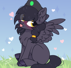Size: 3772x3640 | Tagged: safe, artist:bishamon_itto, oc, oc only, oc:mir, pegasus, pony, :p, beret, blushing, chest fluff, cute, dashite, female, hat, heart, high res, hooves, looking back, mare, missing cutie mark, pegasus oc, simple background, sitting, tongue out, wings, ych result