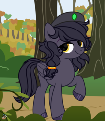 Size: 3348x3862 | Tagged: safe, artist:workshopfavni, edit, oc, oc only, oc:mir, pegasus, pony, beret, female, hat, high res, hooves, leg raise, looking back, raised leg, simple background, smiling, solo, tree, wings, ych result