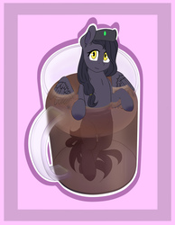 Size: 1550x2000 | Tagged: safe, oc, oc only, oc:mir, pegasus, pony, beret, coffee, cup, cup of pony, cute, female, hair wrap, hat, micro, ocbetes, simple background, smiling, smol, solo, ych result