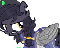 Size: 958x758 | Tagged: safe, artist:newbiecirry, oc, oc only, oc:mir, pegasus, pony, fallout equestria, alternate timeline, alternate universe, amputee, artificial wings, augmented, beret, dashite, enclave, eye scar, female, grand pegasus enclave, gritted teeth, hat, looking back, metal, prosthetic limb, prosthetic wing, prosthetics, scar, simple background, torn ear, transparent background, wings, ych result