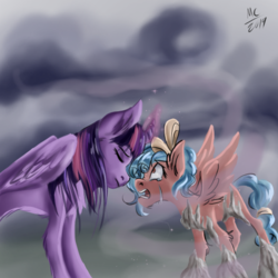 Size: 600x600 | Tagged: dead source, safe, artist:artistincproductions, cozy glow, twilight sparkle, alicorn, pegasus, pony, g4, the ending of the end, cozybuse, crying, female, filly, mare, petrification, scared, teary eyes, twilight sparkle (alicorn)