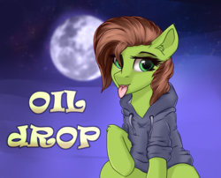 Size: 2500x2020 | Tagged: safe, artist:lakunae, oc, oc only, oc:oil drop, pony, clothes, eyeliner, eyeshadow, female, high res, hoodie, leg fluff, looking at you, makeup, mare, moon, sitting, solo, tongue out