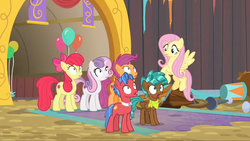 Size: 1920x1080 | Tagged: safe, screencap, apple bloom, biscuit, fluttershy, scootaloo, spur, sweetie belle, earth pony, pony, g4, growing up is hard to do, cutie mark crusaders, female, filly, neckerchief, older, older apple bloom, older scootaloo, older sweetie belle, open mouth, teenager