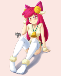 Size: 3999x5001 | Tagged: safe, artist:danmakuman, apple bloom, human, equestria girls, g4, absurd resolution, adorasexy, blushing, clothes, cute, eyebrows, eyebrows visible through hair, female, human coloration, looking at you, missing shoes, older, older apple bloom, sexy, sheep costume, smiling, smiling at you, socks, solo, thigh highs, thigh socks