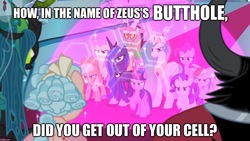 Size: 1366x768 | Tagged: safe, edit, edited screencap, screencap, applejack, cozy glow, discord, fluttershy, lord tirek, pinkie pie, princess celestia, princess luna, queen chrysalis, rainbow dash, rarity, spike, twilight sparkle, alicorn, centaur, changeling, changeling queen, draconequus, dragon, earth pony, pegasus, pony, unicorn, g4, the ending of the end, angry, bow, caption, carpet, crown, dialogue, female, force field, hair bow, image macro, jewelry, magic, mane six, mare, movie reference, nicolas cage, quote, regalia, text, the rock (movie), twilight sparkle (alicorn)
