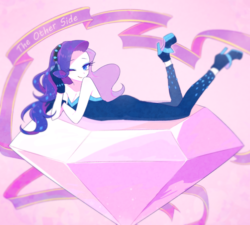Size: 1500x1350 | Tagged: safe, artist:kkmrarar, rarity, equestria girls, equestria girls series, g4, the other side, bare shoulders, bodysuit, fabulous, female, looking at you, one eye closed, sexy, sleeveless, smiling, solo, strapless, unitard, wink