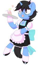 Size: 1369x1898 | Tagged: safe, artist:wavecipher, oc, oc only, oc:tinker doo, pony, unicorn, bipedal, clothes, clumsy, crossdressing, glasses, maid, male, solo, ych result