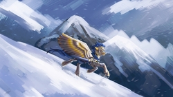 Size: 3840x2160 | Tagged: safe, artist:orfartina, oc, oc only, oc:crushingvictory, pegasus, pony, armor, craft, ear fluff, engraving, fluffy, high res, mountain, mountain range, scenery, snow, solo, spread wings, sword, unshorn fetlocks, weapon, windswept mane, windswept tail, wings