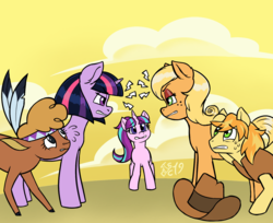 Size: 1528x1249 | Tagged: safe, artist:soulcentinel, applejack, braeburn, little strongheart, starlight glimmer, twilight sparkle, bison, buffalo, earth pony, pony, unicorn, fanfic:twin fates, g4, alternate universe, angry, brown eyeshadow, cover art, cute, eyeshadow, fanfic, female, hat, makeup, male, mare, red eyeshadow, s5 starlight, stallion, sweat, worried