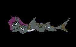 Size: 1275x791 | Tagged: safe, artist:nightwind-arts, oc, oc only, oc:glimmering tide, original species, pony, shark, shark pony, bedroom eyes, black background, female, glasses, grin, looking at you, mare, prone, simple background, smiling, solo, sploot