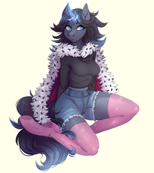 Size: 2233x2499 | Tagged: safe, artist:1an1, oc, oc only, oc:princess star, umbrum, unicorn, anthro, unguligrade anthro, belly button, breasts, cape, clothes, denim shorts, female, glowing horn, high res, horn, mare, offspring, parent:king sombra, socks, solo, sweater