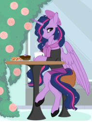 Size: 1776x2332 | Tagged: safe, artist:obeliskgirljohanny, twilight sparkle, alicorn, semi-anthro, g4, the last problem, arm hooves, beautiful, beret, bread, cake, clothes, croissant, crossed legs, cute, ear fluff, female, flower, food, hat, looking at you, mare, miniskirt, older, older twilight, older twilight sparkle (alicorn), paris, princess twilight 2.0, scarf, shoes, sitting, skirt, solo, twilight sparkle (alicorn)