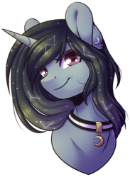 Size: 764x1046 | Tagged: safe, artist:ak4neh, oc, oc only, oc:moonheart, pony, unicorn, bust, constellation, constellation hair, ethereal mane, female, mare, simple background, solo, starry mane, transparent background