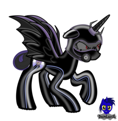 Size: 2785x2875 | Tagged: safe, artist:damlanil, oc, oc:praetorian themis, alicorn, pony, bat wings, clothes, commission, female, gas mask, helmet, high res, latex, latex suit, mare, mask, respirator, rubber, shiny, shoes, simple background, wings