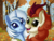 Size: 2500x1875 | Tagged: safe, artist:prismawatercolor, autumn blaze, oc, oc:eula phi, kirin, pony, unicorn, g4, autumn, autumn blaze and autumn, awwtumn blaze, cheek squish, cottagecore, cute, female, hug, leaves, mare, name pun, not trixie, running of the leaves, smiling, squishy cheeks, tree