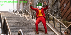 Size: 1200x600 | Tagged: safe, artist:dazzlingflash, oc, oc:nootaz, clown, clown makeup, dancing, greentext, joker (2019), meme, nootvember, nootvember 2019, shitposting, stairs, text, tfw, the joker