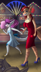 Size: 1080x1920 | Tagged: safe, artist:obscuredragone, oc, oc:bleu, oc:silver veil, original species, shark, shark pony, anthro, amusement park, apple, big breasts, breasts, clothes, cotton candy, couple, date, dress, food, happy, high heels, holding hands, night, photo, shark tail, shark teeth, shoes, short, silly, small breasts, stripes, tail, tall, walking, woman