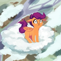 Size: 700x700 | Tagged: safe, artist:weird--fish, scootaloo, pegasus, pony, g4, blank flank, cloud, female, filly, floppy ears, on a cloud, sitting, solo, standing on a cloud